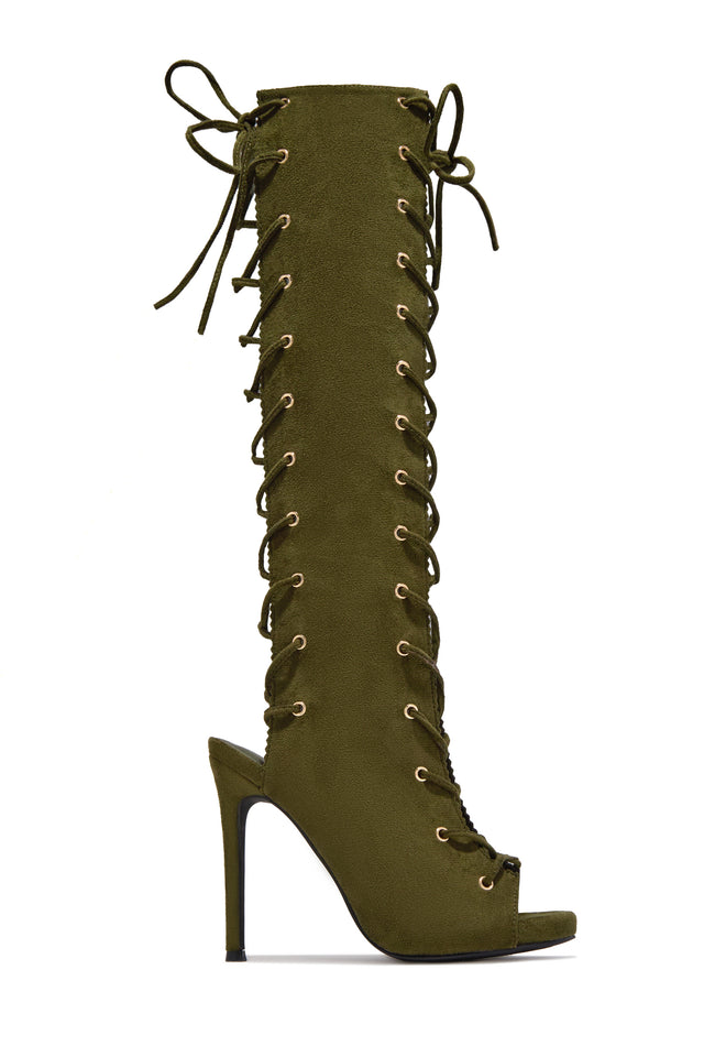 Load image into Gallery viewer, Bossy Lace Up Open Toe Knee High Boots – Olive
