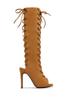Bossy Lace Up Open Toe Knee High Boots – Tan