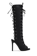 Bossy Lace Up Open Toe Knee High Boots – Black