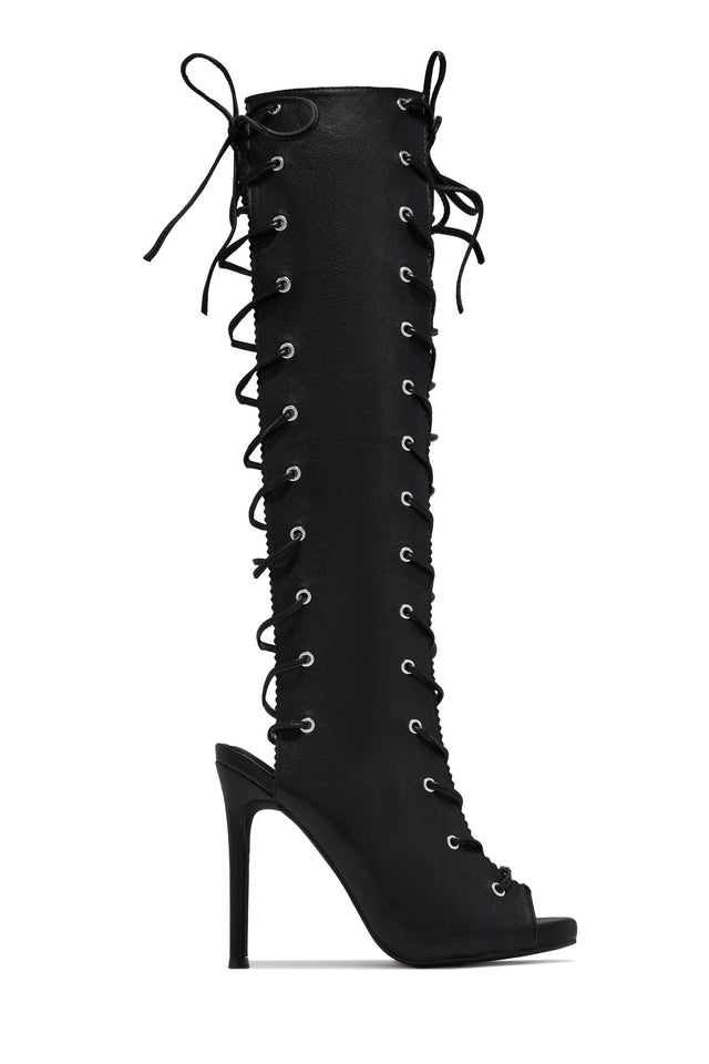 Load image into Gallery viewer, Bossy Lace Up Open Toe Knee High Boots – Black
