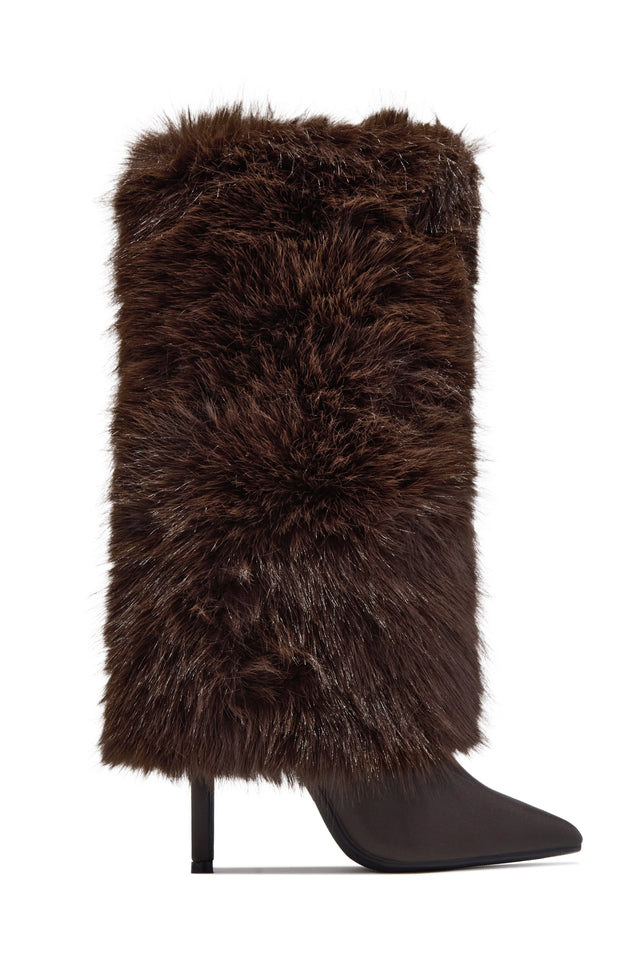 Load image into Gallery viewer, Brandi Faux Fur Stiletto Knee High Boots – Brown
