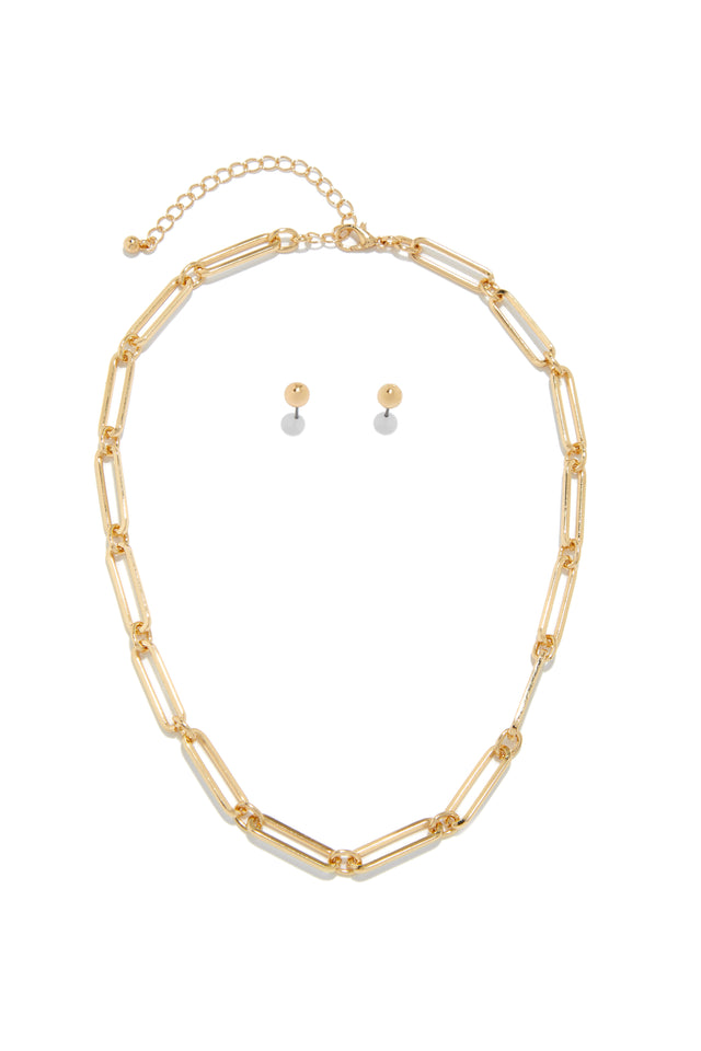 Load image into Gallery viewer, Gold-Tone Chain Necklace With Push Back Studded Earrings
