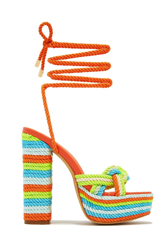 Load image into Gallery viewer, Orange Multi Color Rope Detailed Lace Up Platform Chunky Heels

