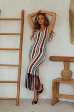 Load image into Gallery viewer, Model Leaning Against Wall Wearing Striped Maxi Dress
