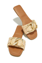 Load image into Gallery viewer, Natural Raffia Slip On Sandals with Gold-Tone Chain Link Hardware
