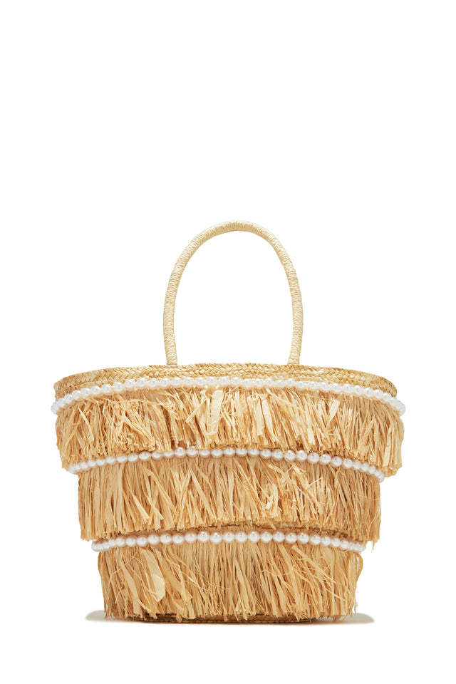 Load image into Gallery viewer, Natural Fringe Tote Bag with Faux Pearl Detailing
