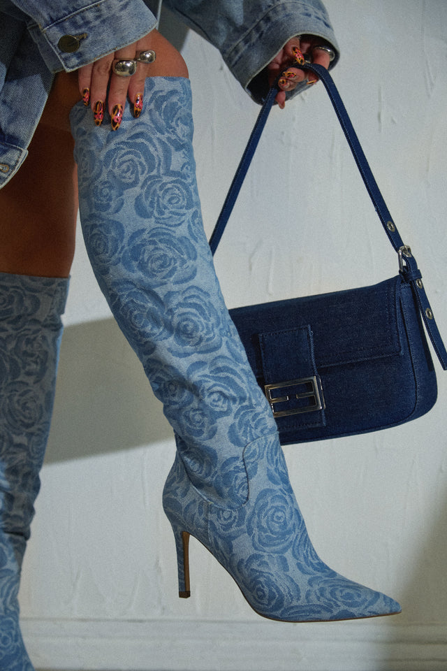 Load image into Gallery viewer, Nissa Knee High Heel Boots - Denim
