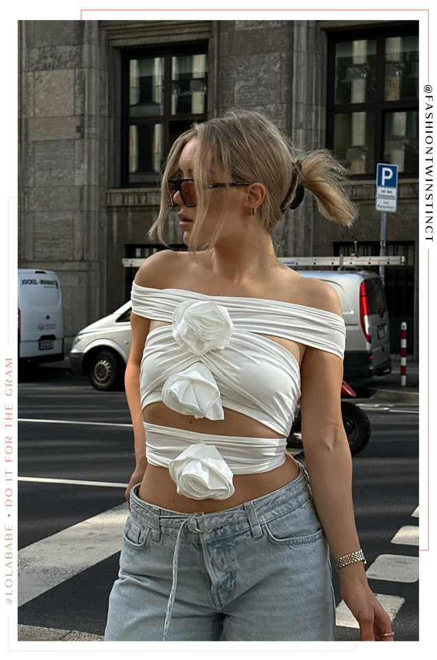 Load image into Gallery viewer, Noelya Off Shoulder Rosette Top - White
