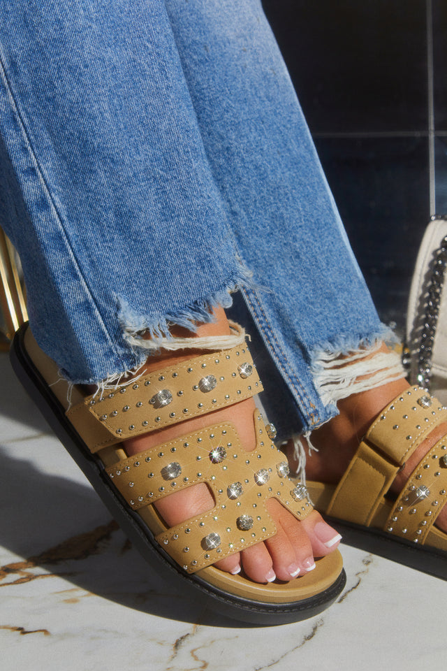 Load image into Gallery viewer, Women Wearing Nude Slip On Sandals with Embellished Stone Detailing
