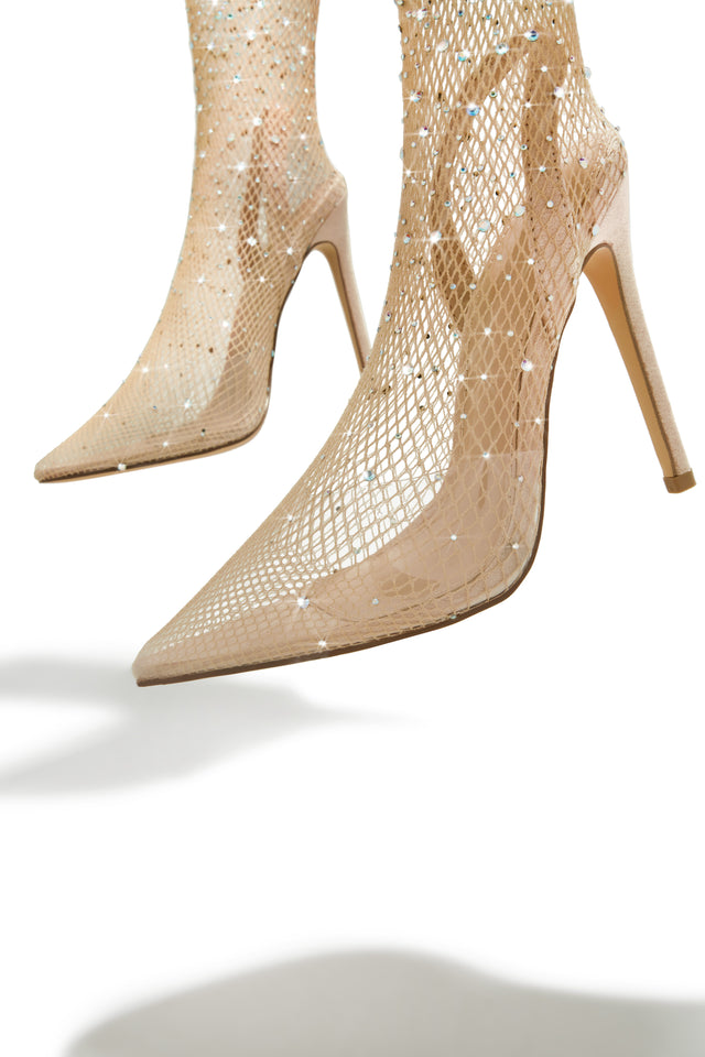 Load image into Gallery viewer, Aliza Embellished Fishnet Ankle Boots - Nude
