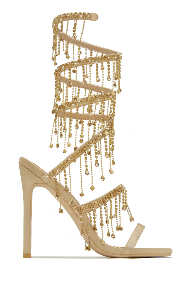 Load image into Gallery viewer, Nude  Single Sole Heels with Embellished Drop Dangle Detailing
