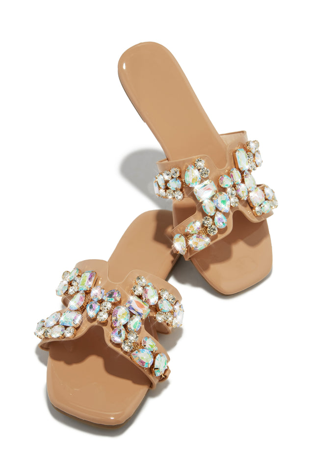 Load image into Gallery viewer, Nude Rhinestone Slip On Sandals
