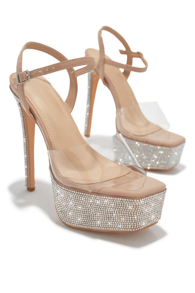 Load image into Gallery viewer, Nude Platform Heels with Rhinestone Detailing
