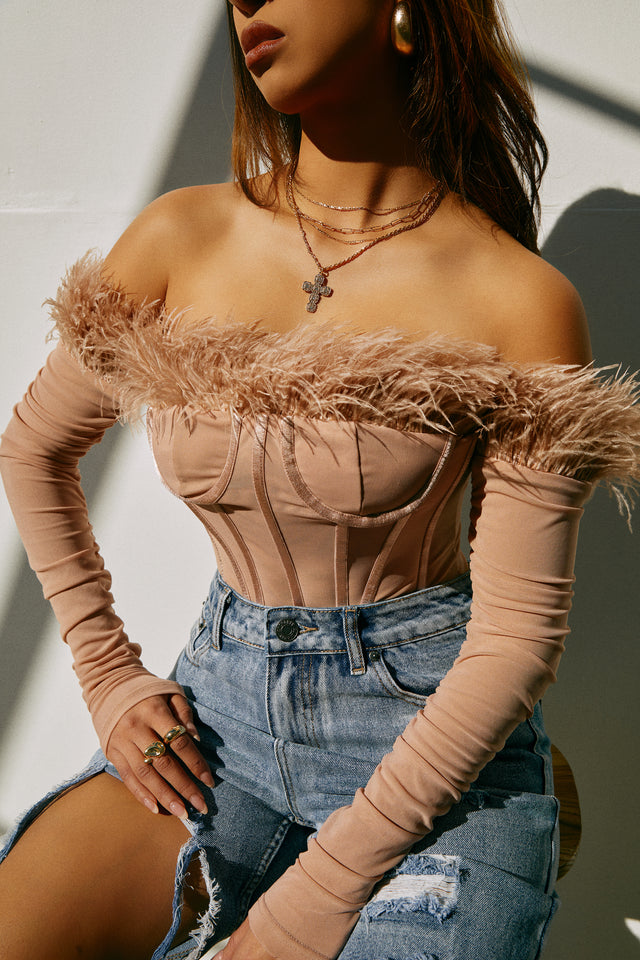 Load image into Gallery viewer, Love Attitude Off The Shoulder Faux Feather Long Sleeve Bodysuit - Nude
