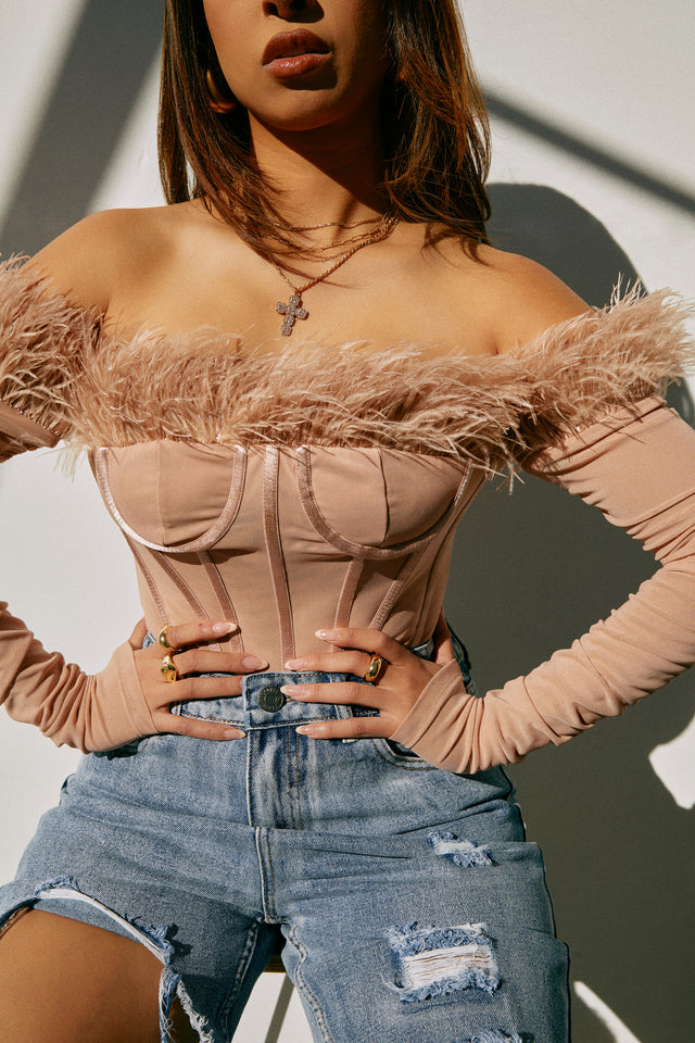 Load image into Gallery viewer, Love Attitude Off The Shoulder Faux Feather Long Sleeve Bodysuit - Nude
