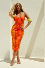 Load image into Gallery viewer, Bright Orange Ruched Midi Dress
