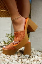 Load image into Gallery viewer, Orange Platform Mules worn By Foot Model
