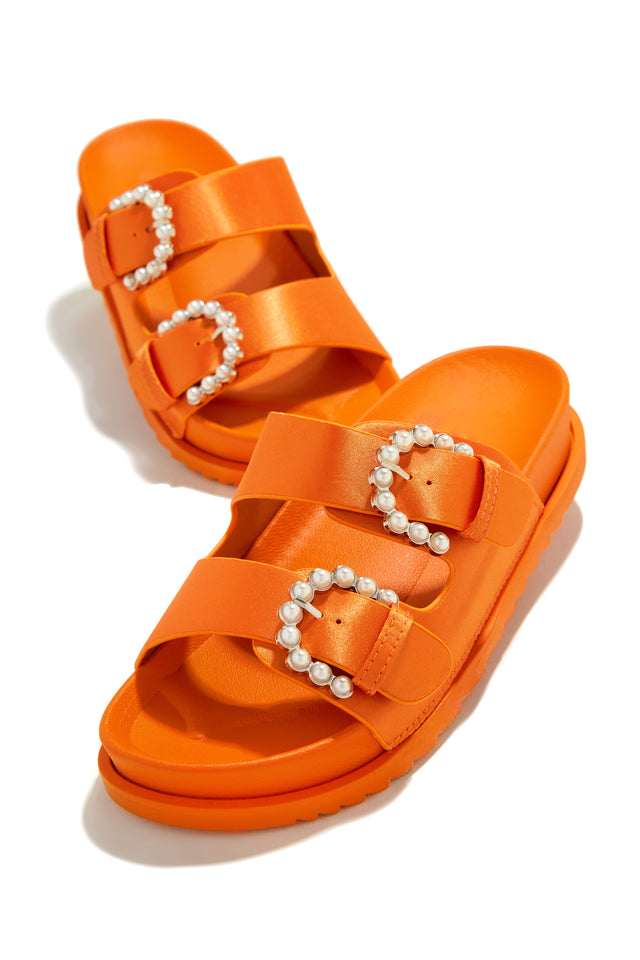 Load image into Gallery viewer, Satin Orange Pearl Embellished Sandals
