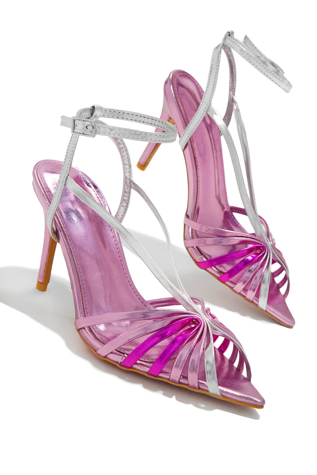 Public Desire Mid Pink Metallic Knot Block Heel Sandals | New Look