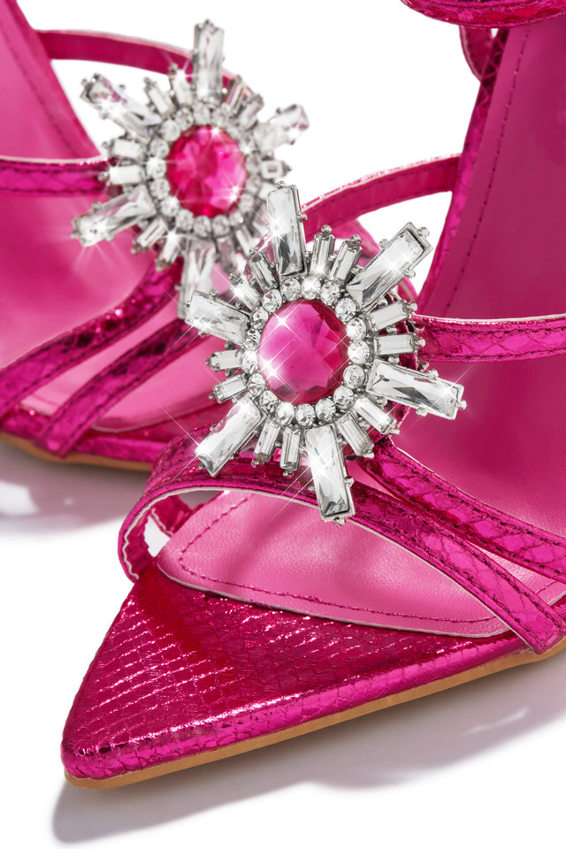 Load image into Gallery viewer, Metallic Pink Open Toe Rhinestone Heels
