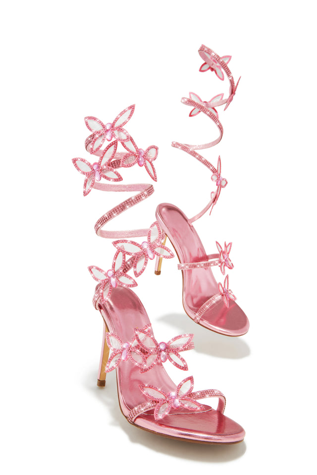 Load image into Gallery viewer, Pink Embellished Around The Ankle Coil Heels with Butterfly Patches

