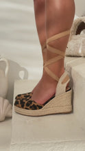 Load and play video in Gallery viewer, Tropical Vacay Lace Up Platform Espadrille Wedges - Leopard
