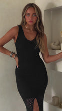Load and play video in Gallery viewer, Model wearing black crochet knit maxi dress video
