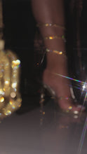 Load and play video in Gallery viewer, Video of gold embellished coil heels
