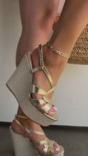 Load and play video in Gallery viewer, Gold tone platform wedges on model
