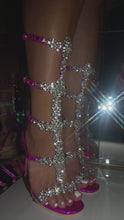 Load and play video in Gallery viewer, Pink Embellished Cage High Heels On Model Video
