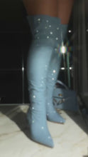 Load and play video in Gallery viewer, Shine Bright Embellished Over The Knee Heel Boots - Denim
