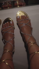 Load and play video in Gallery viewer, Vegas Weekend Embellished Lace Up Sandals - Gold
