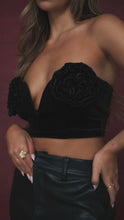 Load and play video in Gallery viewer, Video of model wearing black velvet crop top
