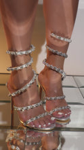 Load and play video in Gallery viewer, Video of Silver Embellished Around The Ankle Coil Heels
