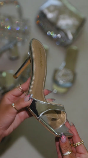 Silver tone mid heel mules video