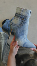 Load and play video in Gallery viewer, Video of denim high heel ankle boot
