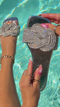 Load and play video in Gallery viewer, Silver embellished slip on sandals video by the pool
