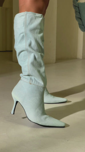 Video of denim slouched knee high booties