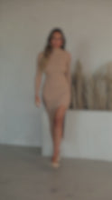Load and play video in Gallery viewer, Model wearing camel rib knit maxi dress video
