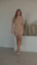 Load and play video in Gallery viewer, Model wearing camel rib knit maxi dress video
