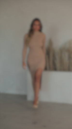 Model wearing camel rib knit maxi dress video