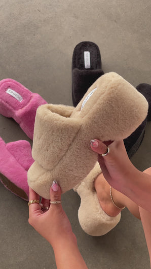 Nude faux fur platform sandals video