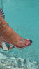 Silver block heel video by the pool
