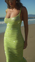 Load and play video in Gallery viewer, Green ruched embellished maxi dress 
