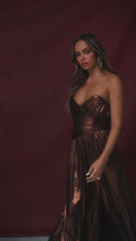 Load and play video in Gallery viewer, bronze metallic maxi dress video
