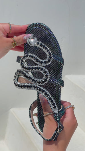 Video of Iridescent Snake Embellished Sandals