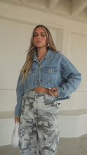 Load and play video in Gallery viewer, Video of model wearing cropped denim jacket
