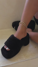 Load and play video in Gallery viewer, Black faux fur platform sandals on model video
