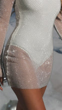 Load and play video in Gallery viewer, Video of white embellished fishnet mini dress

