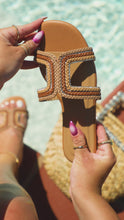 Load and play video in Gallery viewer, Video of tan embellished slip on sandals video
